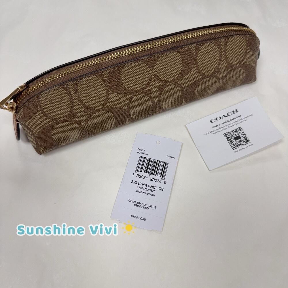 NWT Coach Pencil Case Cosmetic Signature Canvas C6333 Khaki